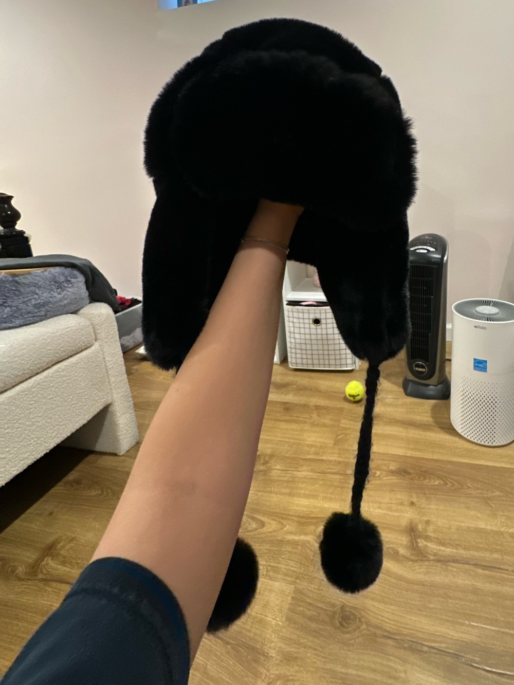 Black Faux Fur Earflap Kids Hat with Pom Poms